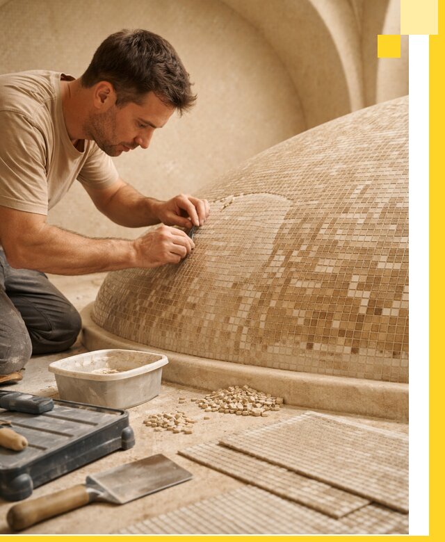 Профессиональная укладка мозаики для хамама под ключ в Курске